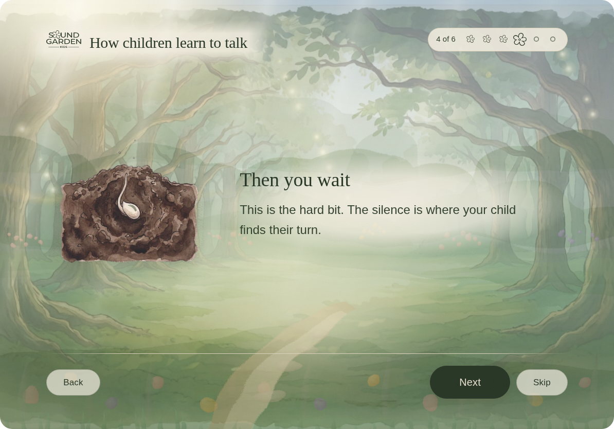 A lesson screen titled Then you wait, showing a seed in soil.