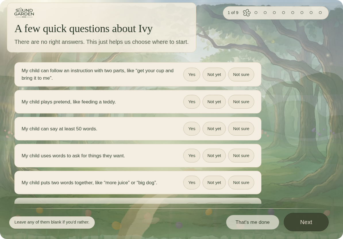A short set of questions about the child, each answered with yes, not yet or not sure.